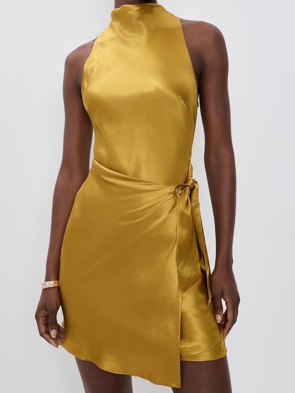 Reformation stelliana Satin Halter Tie Mini Dress Gold honey mustard holiday NWT